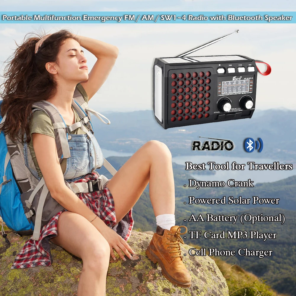 Rádio de Emergência Operado à Bateria 4 em 1 Portátil Auto-falante Bluetooth Manivela Solar Cartão tf Disco Mp3 Player am - fm Sw14 - Image 2