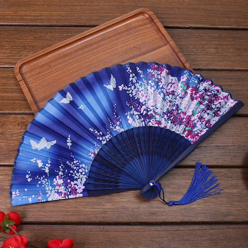 Chinese Japanese Silk Folding Fan Wooden Shank Classical Dance Fan Tassel Female Hand Fans Craft Gift Photo Prop
