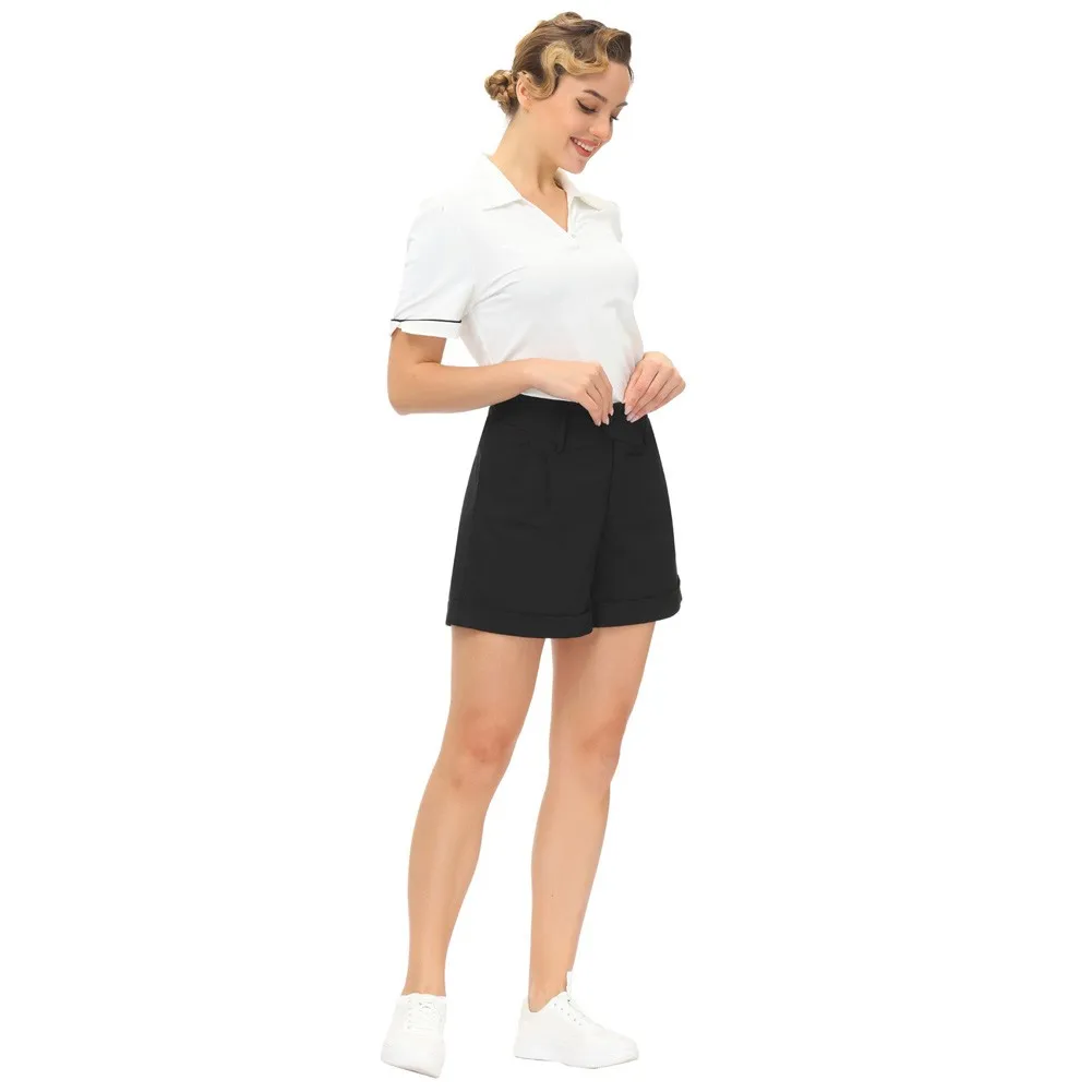 BP Women High Waist Shorts With Pockets Fold-up Leg Opening Cotton Short Pants Zip-up Causal Office Lady Daily Pants Streetwear