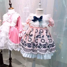 Осеннее испанское платье с рукавами-пузырьками для девочек розовое кружевное платье с вышивкой и бантом милое хлопковое платье для девочек на День Благодарения