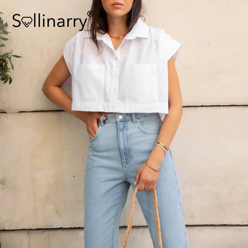 Buen trato Sollinarry informal-Blusa de manga corta con solapa para verano, camisa de Bolsillo Blanco con botones para mujer qxQKMD0M01M