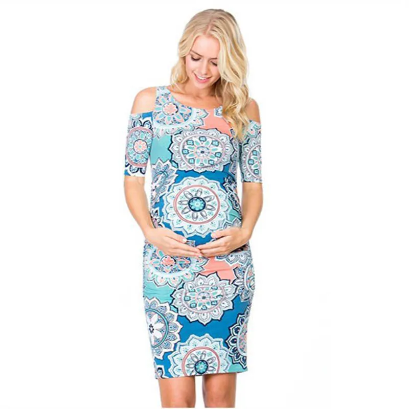 Новые повседневные женские платья для беременных с рюшами по бокам, платье на бретелях для беременных, Цветочное платье длиной до колена, Одежда для беременных в богемном стиле