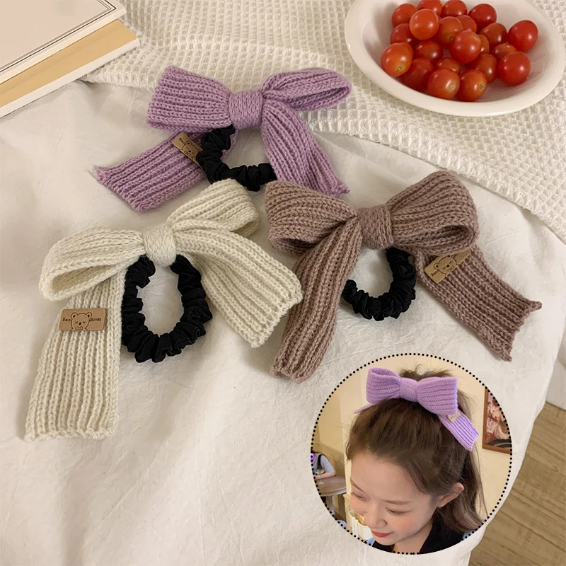 Korean Winter Wool Knitted Bow Hair Rope Solid Color Scrunchies Big Bowknot Ring Accessories Girls Bands |