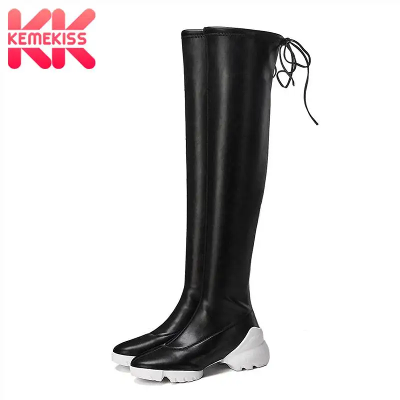 

KemeKiss Thigh High Boots Women High Quality Back Strap Zipper Wedges Shoes Women Casual Winter Warm Stretch Boots Size 34-40