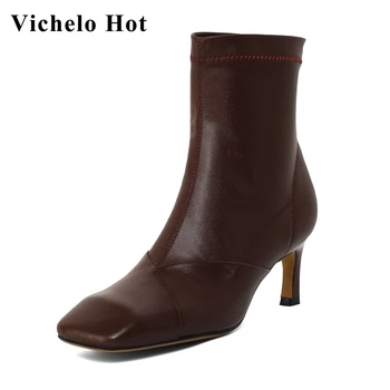 

Vichelo Hot natural leather square toe high heel Chelsea boots office lady daily wear simple style solid winter ankle boots L91