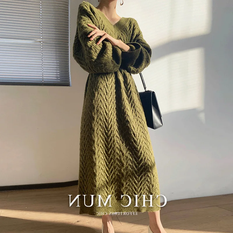 

Lugentolo Long Sweater Dress Women Korean Fashion Loose V-neck Full Sleeves Solid Color Knitted Pulovers Sweaters