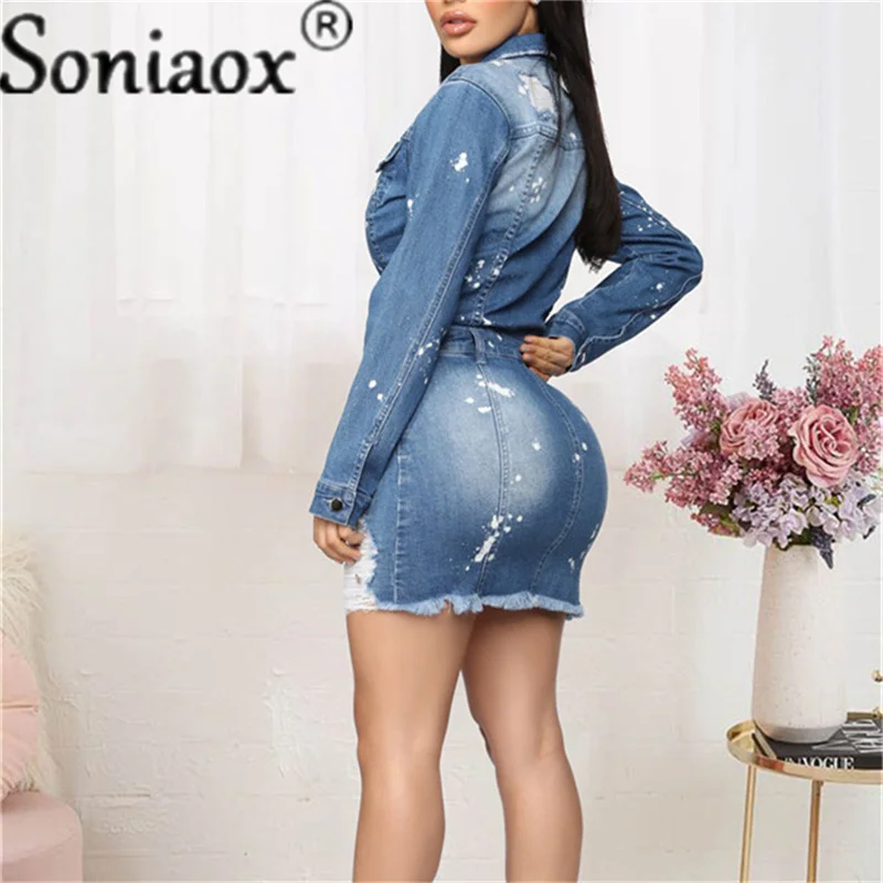 Sexy Turndown Collar Cotton Bodycon Jean Dress 2021 Summer