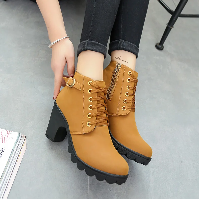 New Winter Women Platform High Heels Ankle Boots Women Boots Buckle Shoes Thick Heel Short Martin snow Boots Ladies mujer T090