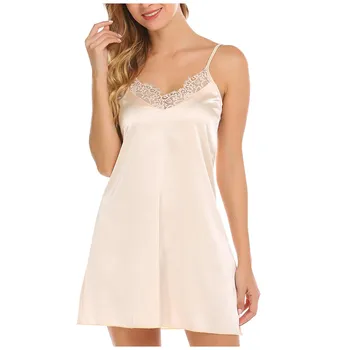 

2020 Women Hot Sexy Sleepwear Solid Lingerie Nightgown V-neck Lace Chemise Satin Slip Silk Negligee Sexy Nighties Nightdress