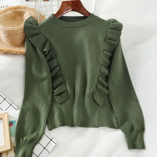 Женские однотонные корейские свитера с оборками, Повседневная зимняя одежда, пуловеры, модные женские свитера 13457 - Цвет: Зеленый