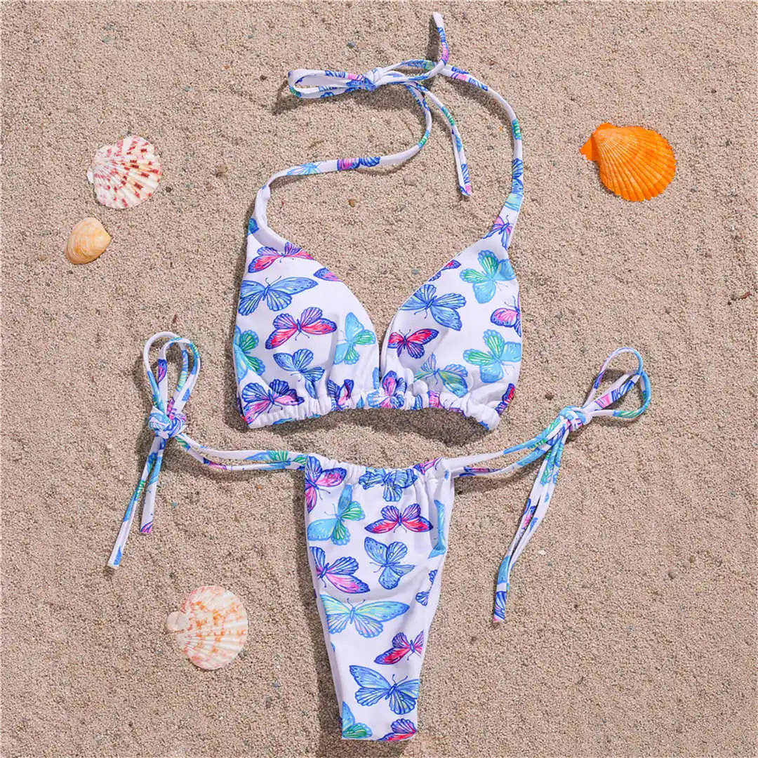 Sexy Butterfly Printed Halter Bikini Women Swimwear Female Swimsuit Two-pieces Bikini set Thong Bather Bathing Suit Swim V2409