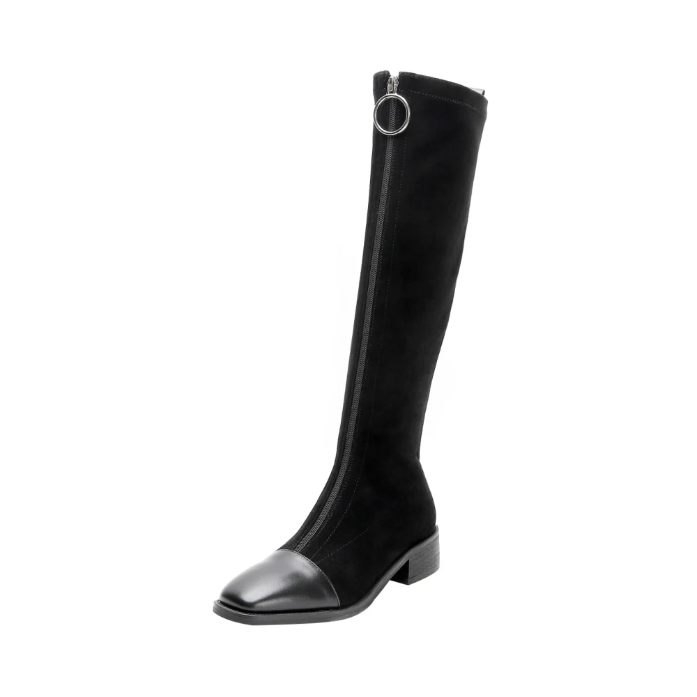 Black Boots Модные женские сапоги до колена с квадратным носком и молнией спереди; большие размеры 33-42; высокие эластичные сапоги с высоким голенищем; женская зимняя обувь - Цвет: Black Boots