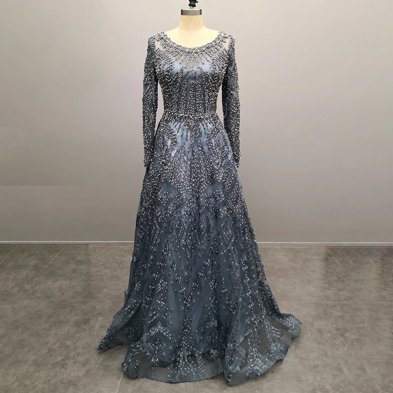 Новые Вечерние платья в арабском Дубае, Роскошные вечерние платья с длинными рукавами, Украшенные бусинами, с круглым вырезом и кристаллами, вечернее платье для женщин, Robe De Soiree Vestido WT5608