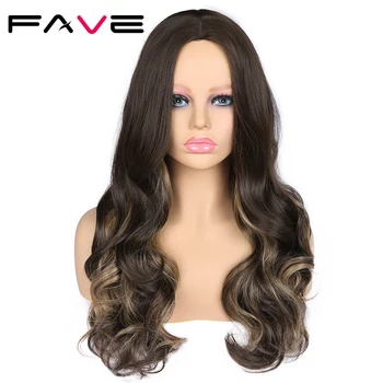 

FAVE Ombre Long Wavy Mixed Highlights Black Dark Brown Color Wig 22 Inch Heat Resistant Fiber Synthetic Hair For Black Women