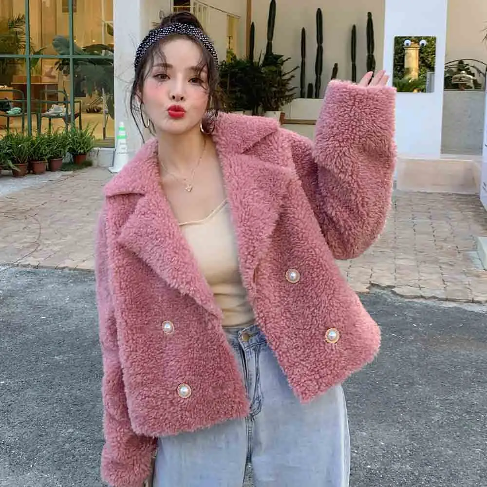 TXJRH стильный искусственный мех ягненка с большими лацканами мохнатая верхняя одежда женская зимняя теплая двубортная куртка пальто топы 3 цвета - Цвет: Pink