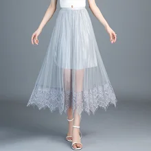 Сетчатая юбка Макси-тюль, осенняя юбка средней длины с высокой талией, кружевная черная плиссированная юбка с позолотой Harajuku больших размеров, Boho