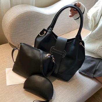 

3 Piece Set PU Leather Women Handbag Large Capacity Ladies Shoulder Bucket Bag Fashion Women Handbag Black