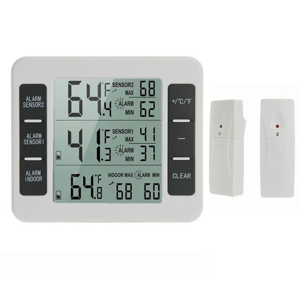 

Термометр для холодильника, беспроводной цифровой термометр для дома и улицы, звуковой сигнал, измерение температуры с 2 датчиками