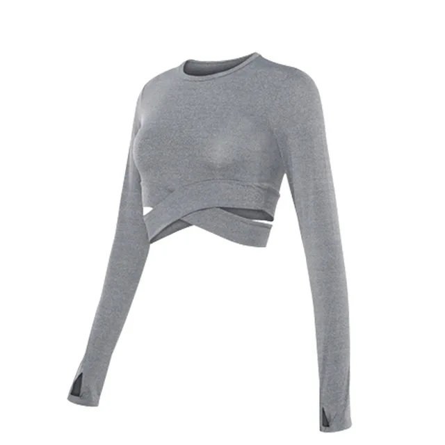 Crop Tops Sports Suits for Women Long Sleeve Yoga Shirts for Women Tracksuits Workout Shirts SportsWear Teens Tops Spring Autumn Gray