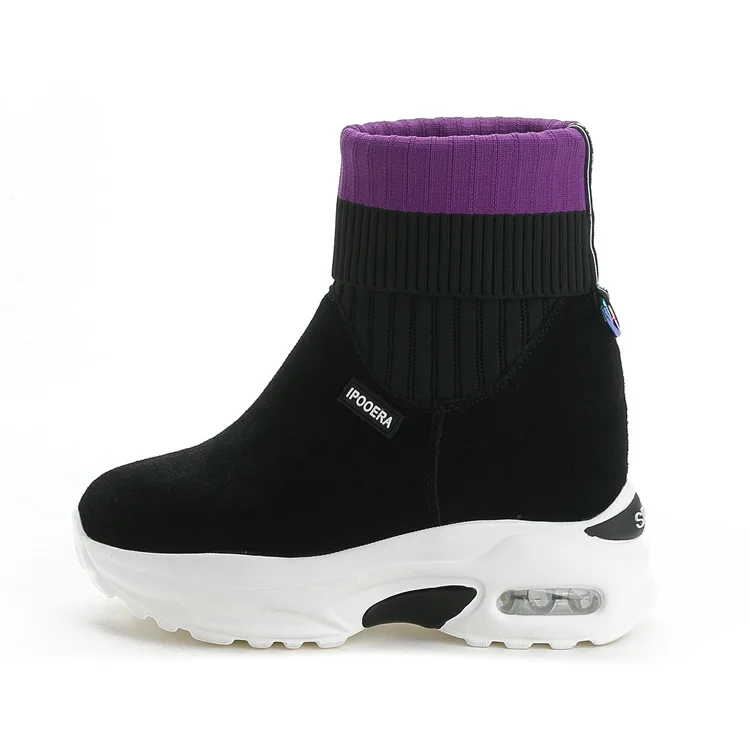 Женские ботинки на платформе; высокие сапоги на толстой подошве, визуально увеличивающие рост; эластичные носки; черные теплые замшевые женские ботильоны на меху в полоску - Цвет: Фиолетовый