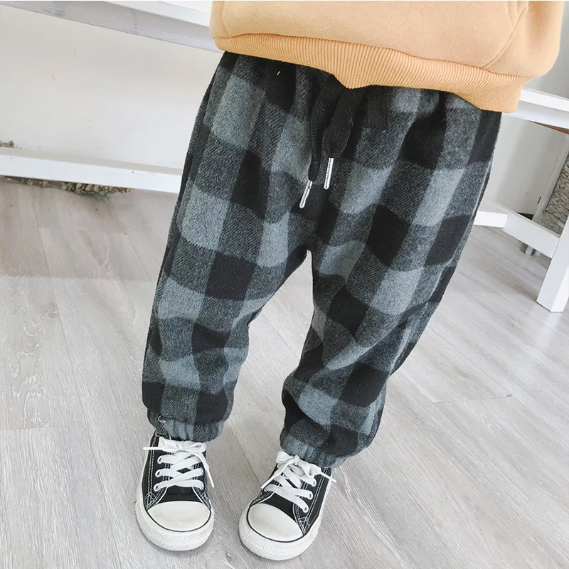 A mu hou Pants Autumn And Winter New Style Infants Berber Fleece Crawler Large Grid Girls Brushed And Thick Casual Pants