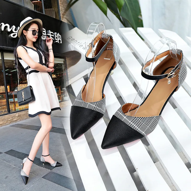 

Women shoes 2019 New women sandals Korean version of the wild new pointed fine with sexy word fashion plaid high heels NWLX061