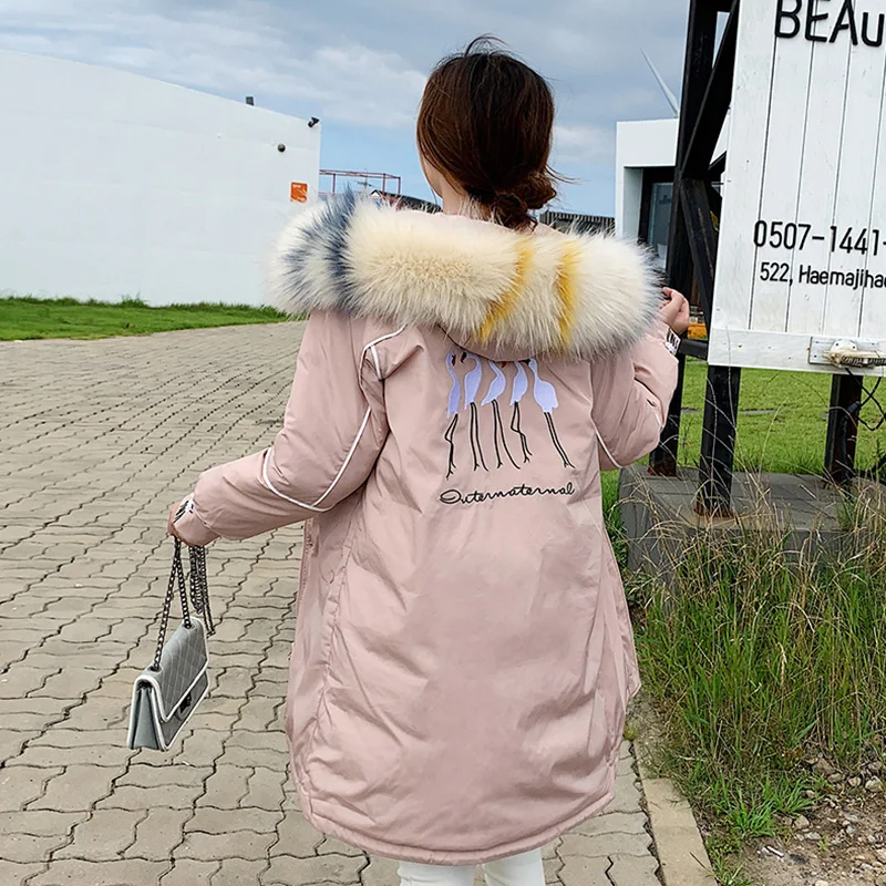 Voobuyla/зимнее пальто с большим мехом, утепленная парка, женское свободное зимнее пальто средней длины, пуховое хлопковое женское пуховое пальто с вышивкой, куртка