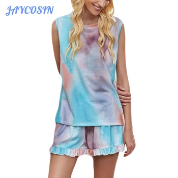 

JAYCOSIN Tracksuit Women 2 Piece Set Sexy Sleeveless Leopard Tie-dye Print Vest Top And Shorts Pajamas Suit Summer Women Suit