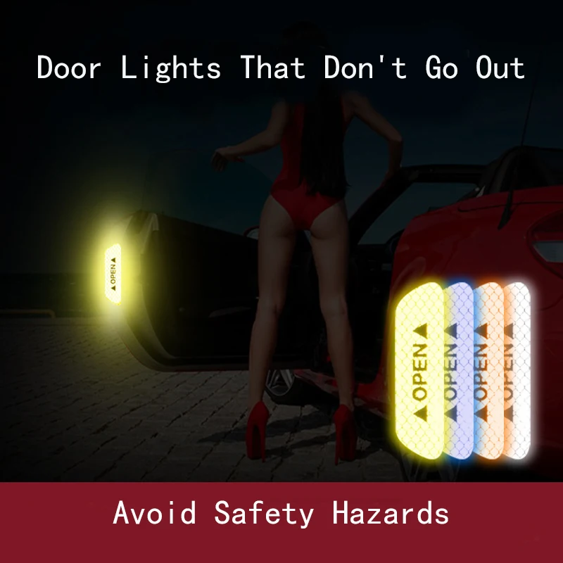 

4 Pcs/set Car Door Safety Warning Reflective Stickers Auto OPEN Reflective Strip Waterproof Long-distance Warning Luminous DIY