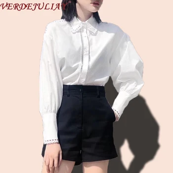 

VERDEJULIAY 2020 Spring New High Street Cotton Blouse Women Elegant Lantern Sleeve Lace Edge Hollow Out Off Shoulder Shirt