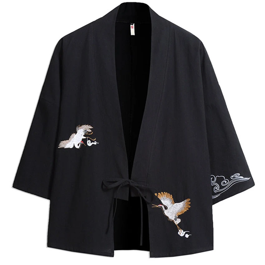 Kimono Cardigan Japanese Style Men Samurai Haori Clothing Crane Embroidery Traditional Vintage Yukata Asian Clothes Women