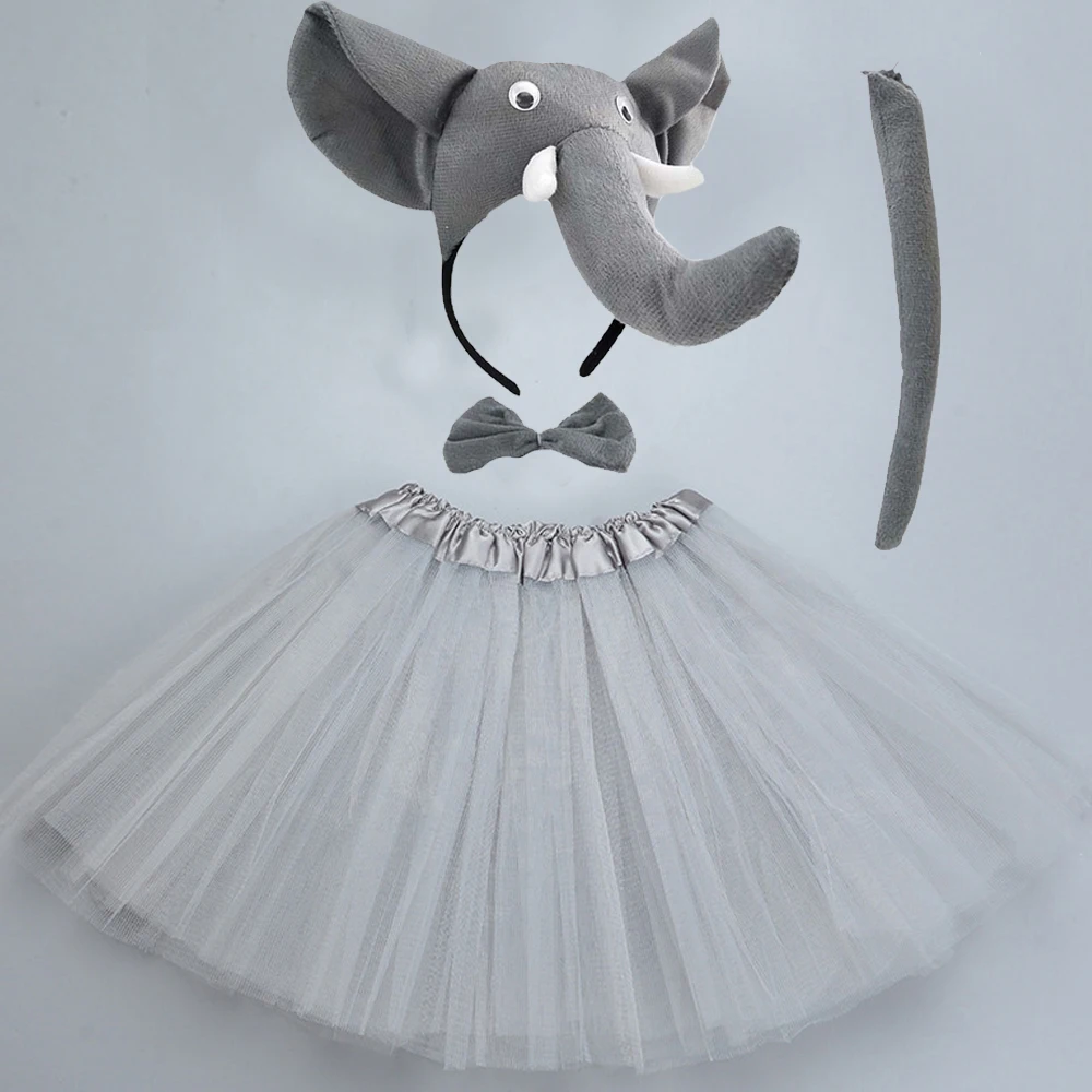 

Women Teens Kids Elephant Set Tutu Skirt Ears Bow Tie Tail Props Birthday Halloween Costume Cosplay