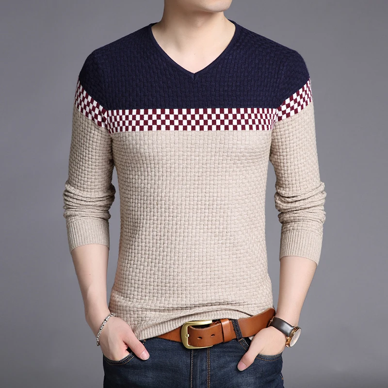 Новинка, модный брендовый свитер, Мужской пуловер, Приталенный джемпер, вязанный шерстяной свитер с v-образным вырезом, осенняя повседневная мужская одежда в Корейском стиле