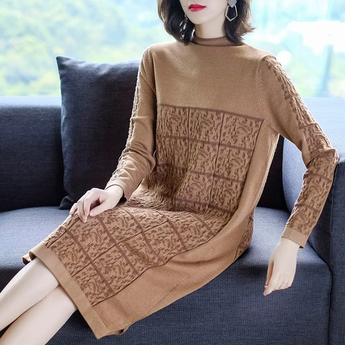 

2019 Autumn High Collar Long Sleeve Jacquard Knitted Sweater Dress Vintage Turtleneck Plus Size Women Design Clothes Dresses