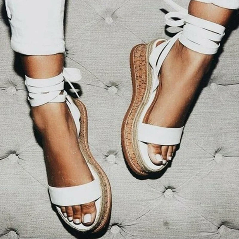 

Summer White Wedge Espadrilles Women Sandals Open Toe Rome Shoes Gladiator Sandals Ladies Casual Lace Up Female Platform Sandals