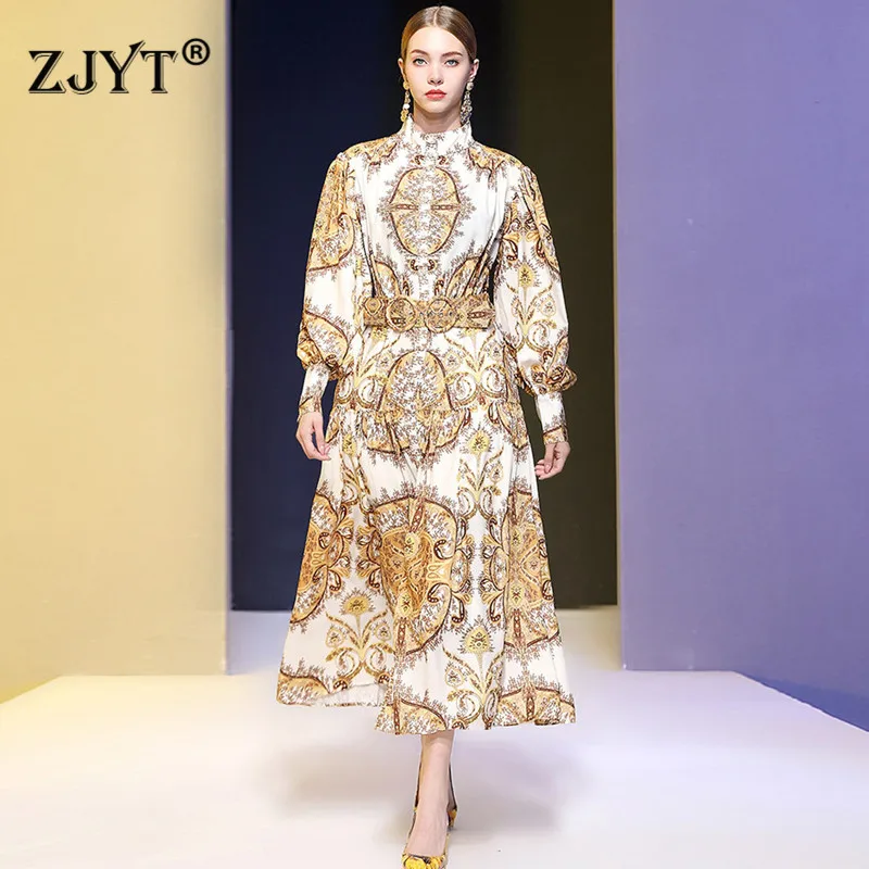 

High Quality Runway Dress Women Spring 2020 New Fashion Lady Lantern Sleeve Cotton Linen Vintage Print Long Vacation Dresses