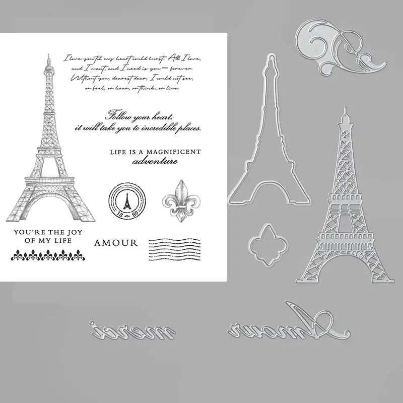 

TOWER Eiffell Metal Cutting Dies and Stamps for Card Making Letter Clear Stamps Silicone Seal for Scrapbooking