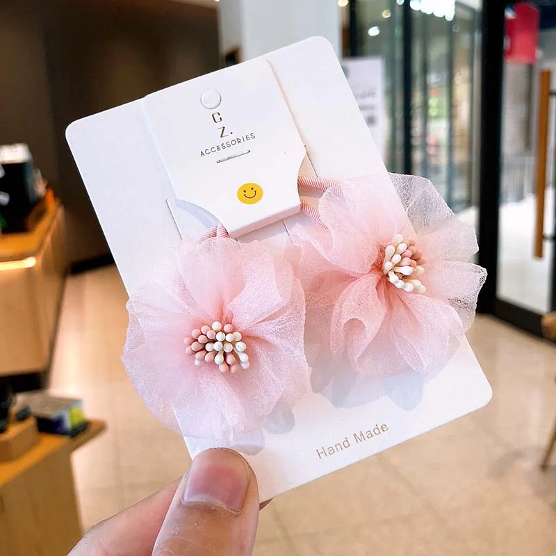 Oaoleer 2PCS/Set Novelty Net Yarn Flowers Elastic Hair Bands for Children Hair Circle Girl Hair Rope Rubber Band Ponytail Tie