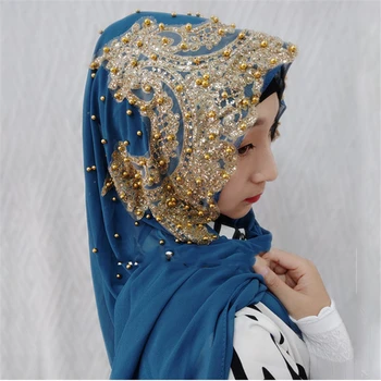 

Woman hijab Turban abaya Diamonds Solid Color Rhinestone Beading Girl Sequins Chiffon Silk Popular Shawls Scarf Headband Muslim