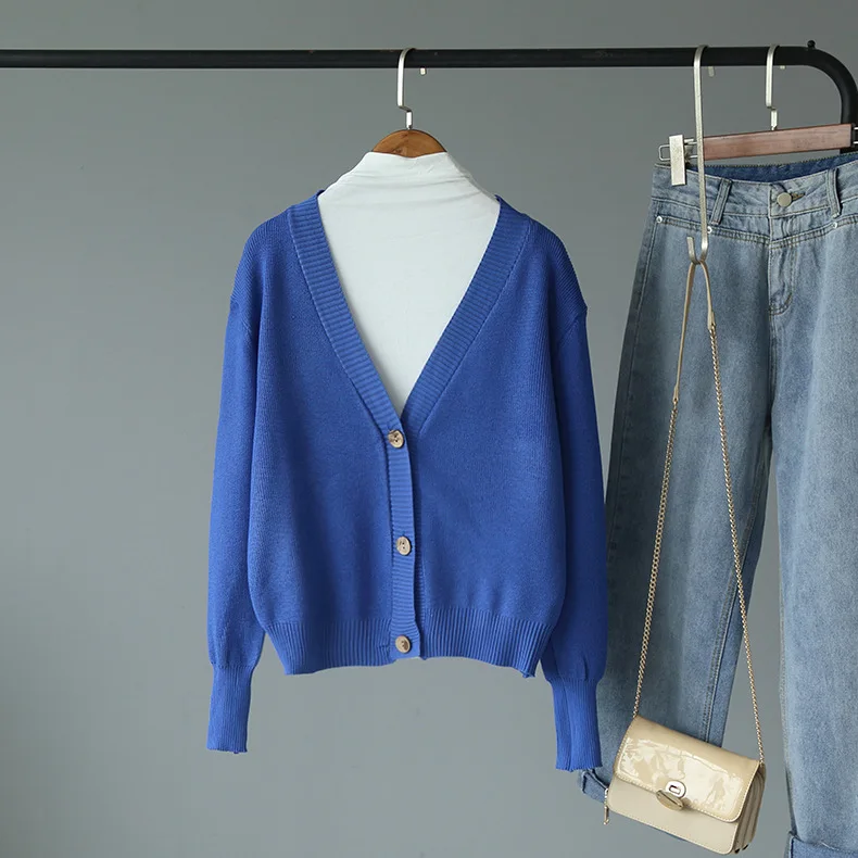 Woherb тонкие трикотажные кардиганы Весна Осень Slim-fit Женские повседневные с длинным рукавом кроп пончо летучая мышь v-образный вырез однотонный пуловер - Цвет: Синий