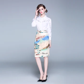 

Designer Office Ladies Two Piece Set 2020 Autumn Women's Long Sleeve Embroidery White Shirt And Printed Midi Split Skirt K8041