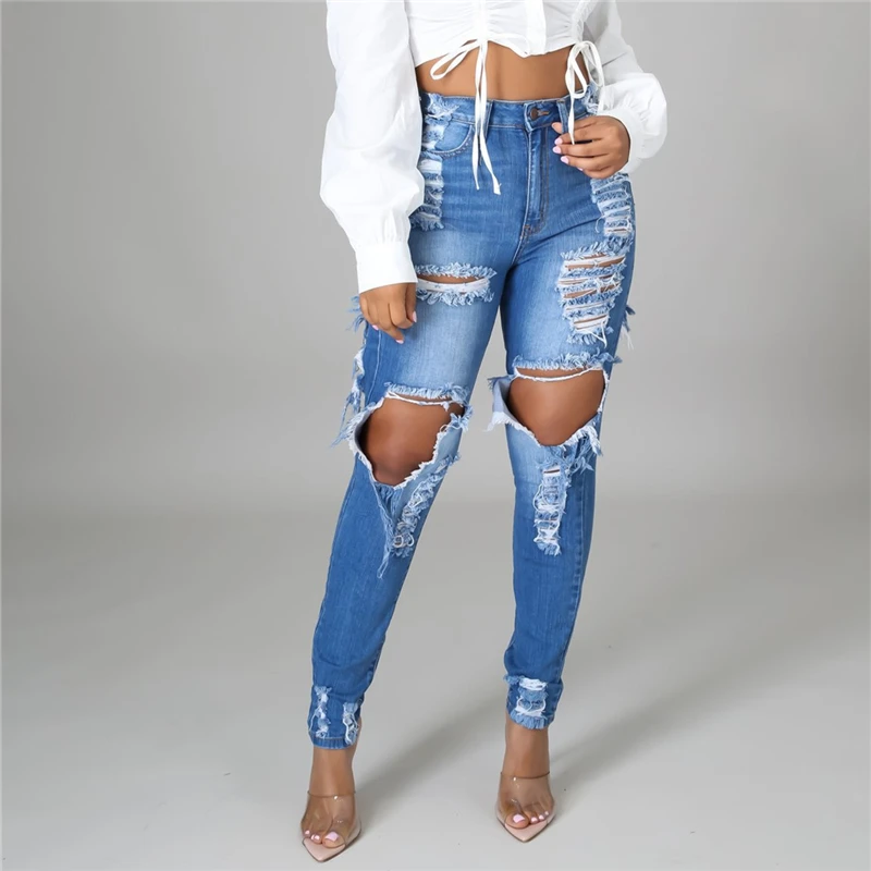 Women’s Slim Fit Jeans Fashion Solid Color Ripped Hole Tassel Stretch High waist Denim Pencil