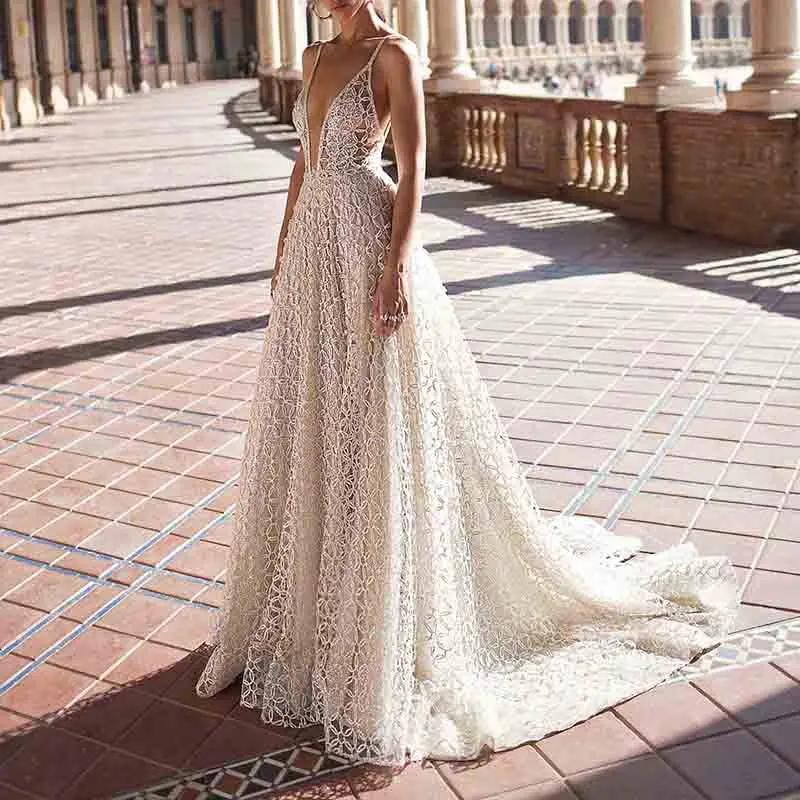 

SSYFashion New Luxury Lace Evening Dress Sexy Deep V-neck Backless Sweep Train Beach Party Gowns Formal Dresses Vestido De Noche