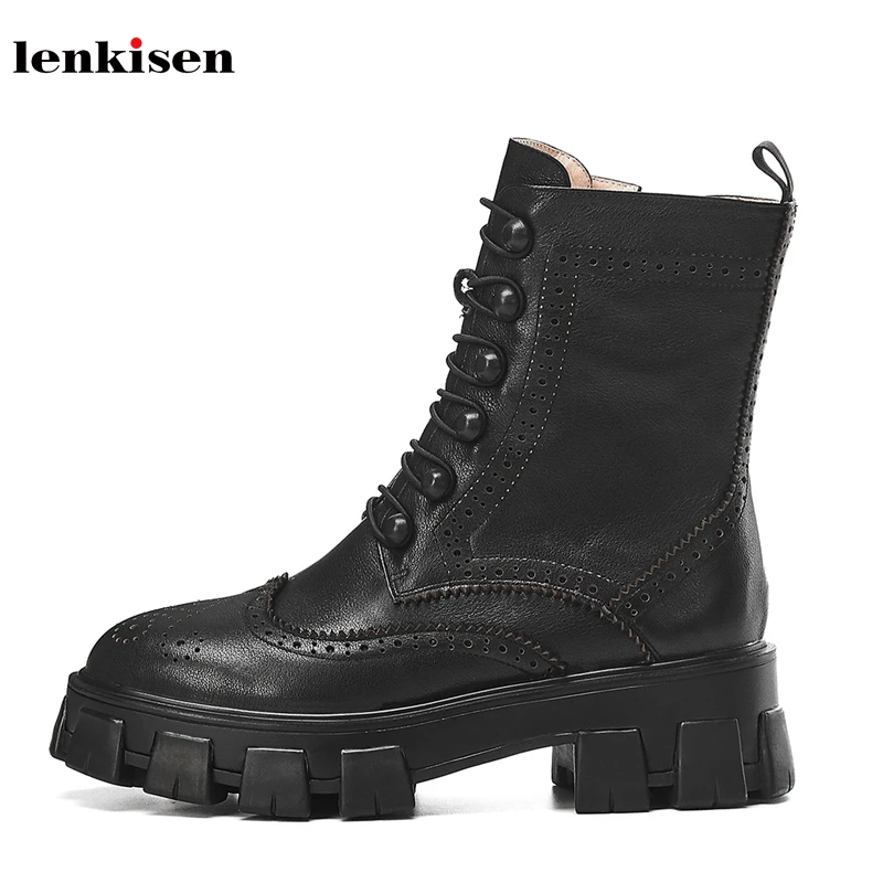 

Lenkisen brogue carved genuine leather boots round toe med heels buckle straps winter keep warm women fashion ankle boots L47