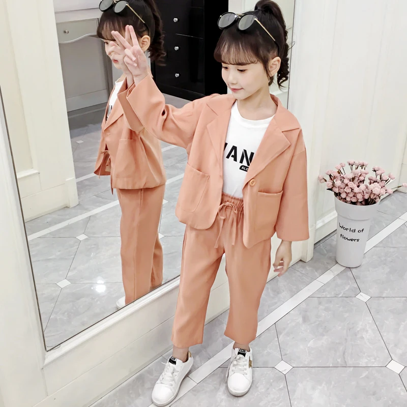 Повседневные костюмы для девочек; свободные куртки+ длинные штаны; однотонные Детские комплекты из 2 предметов; модные вечерние комплекты одежды для маленьких девочек; школьная форма; Vestidos - Цвет: Оранжевый