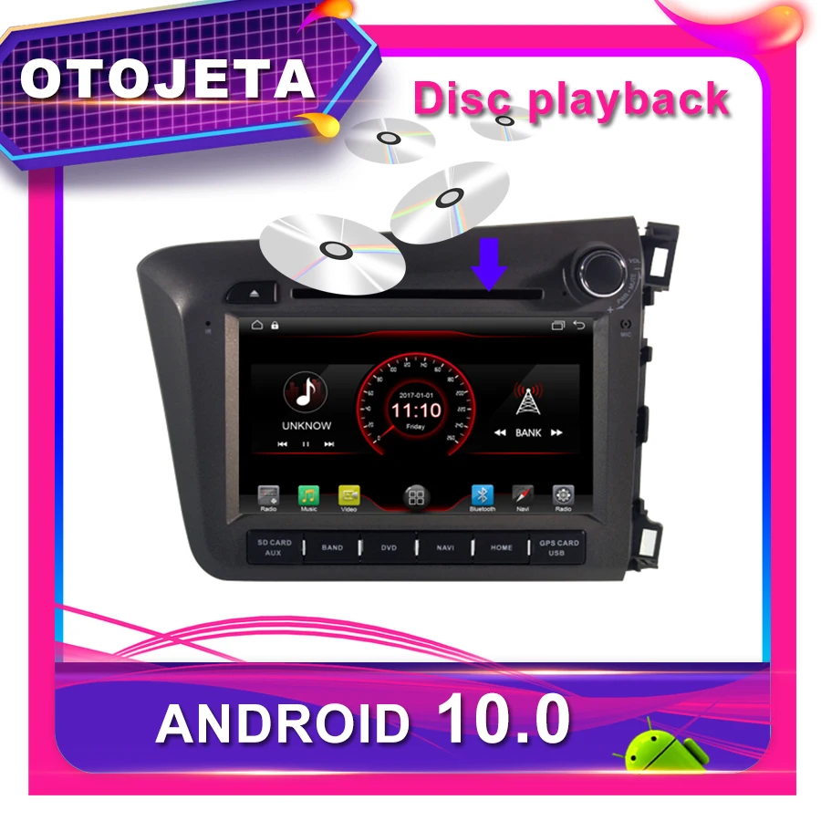 OTOJETA Автомобильный DVD Android 10,0 Автомобильный gps для HONDA CIVIC 2012 RHD 8 дюймов Автомобильный Радио мультимедийная лента рекордер bluetooth навигация