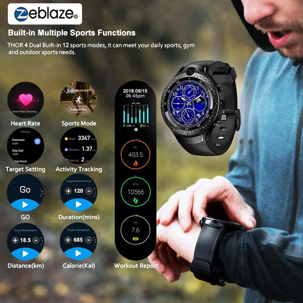 US $129.99 Outdoor Sport Watch Zeblaze THOR 4 Dual Smart Watch with 4G Dual Camera 1G Plus 16G Memory 530 MAh for Men Business Watch