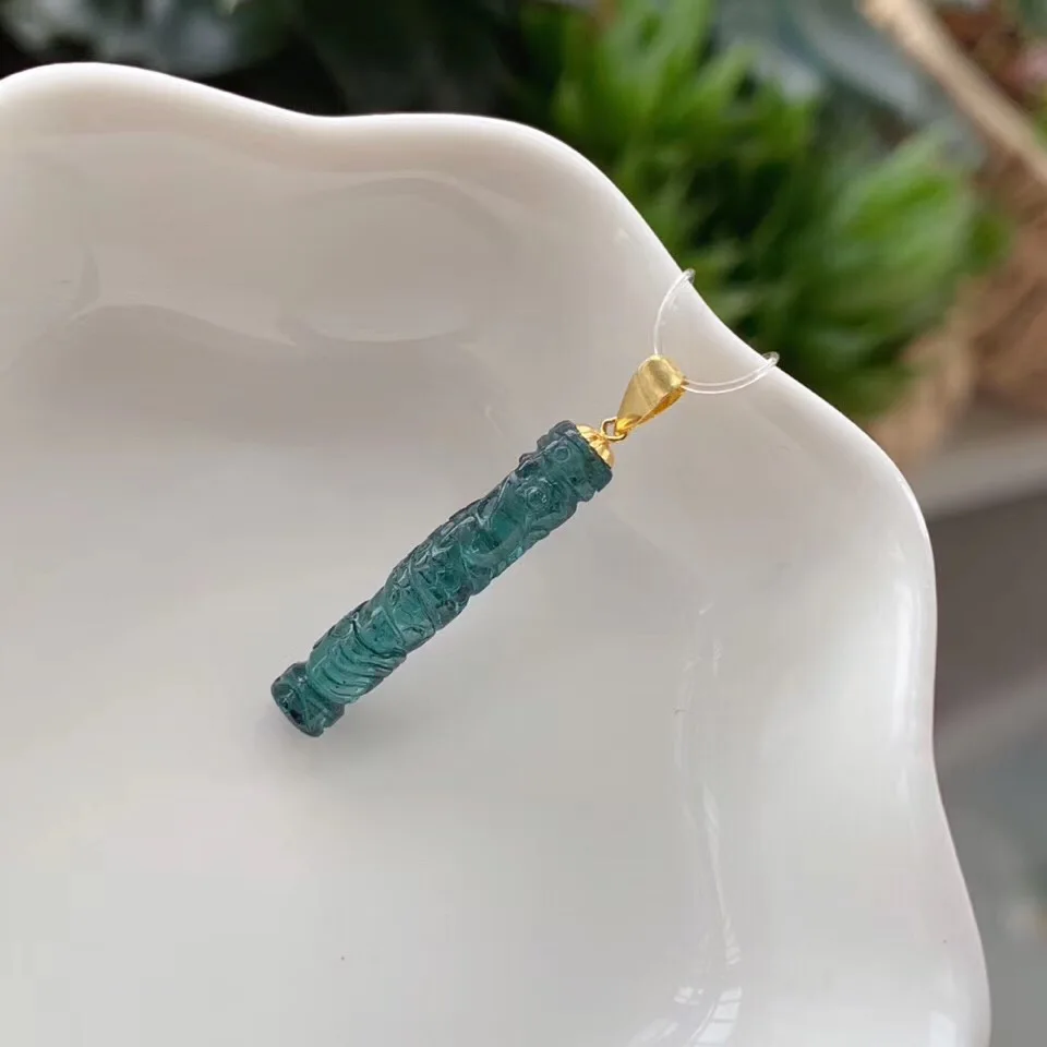 18 К Золотое натуральное бразильское синее ожерелье из турмалина кулон для женщин и мужчин дракон резной 22x4,2 мм кристалл драгоценный камень ювелирные изделия ааааа