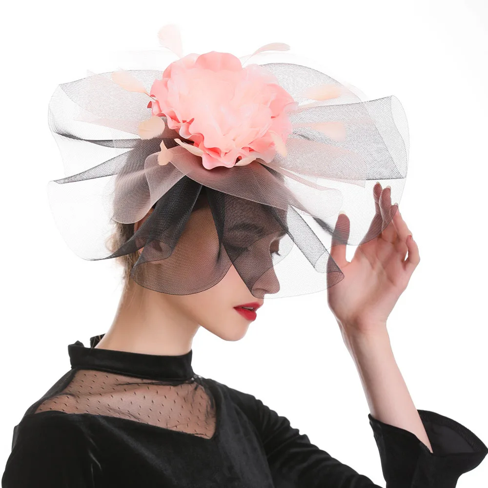 Pink Black Band WELROG стимулированные шляпы с большими цветами, винтажные однотонные сетчатые шапки с цветочным пером, прочные ленты из сплава в стиле ретро, вечерние женские шапки с сеткой - Цвет: Pink Black Band