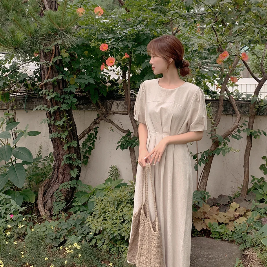 

New Summer Girls Dress Women Cotton Linen Casual Short Sleeve Dresses Female Dress Vintage Solid Dress Boho Robe Femme Vestido